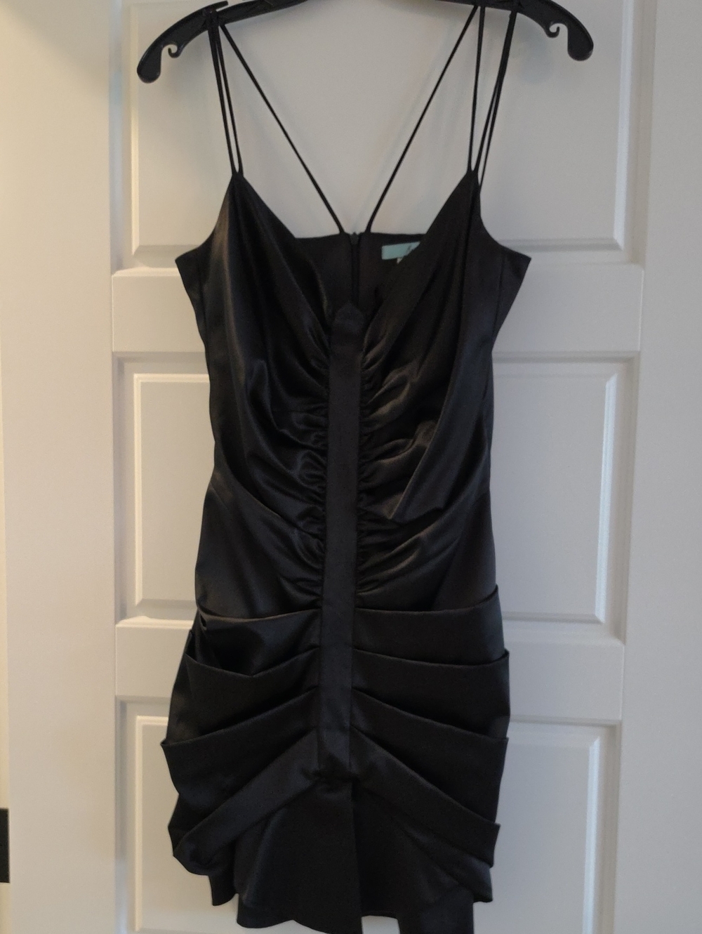 Marciano Black Satin Ruched Mini Dress with Double Spaghetti Straps